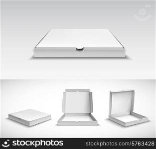 Realistic 3d pizza empty white cardboard box package set isolated vector illustration. Pizza Package Set