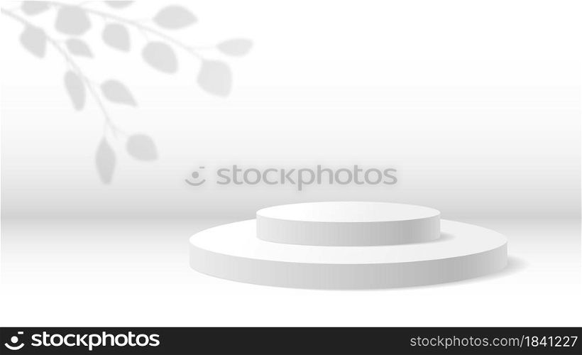 Realistic 3d podium background, product display with leaves shadow. White minimal scene for products presentations vector illustration. Empty round stage or pedestal for award ceremony. Realistic 3d podium background, product display with leaves shadow. White minimal scene for products presentations vector illustration