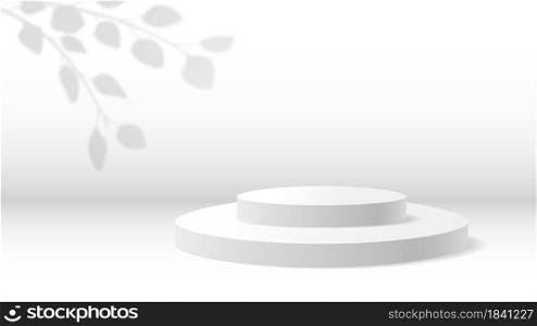 Realistic 3d podium background, product display with leaves shadow. White minimal scene for products presentations vector illustration. Empty round stage or pedestal for award ceremony. Realistic 3d podium background, product display with leaves shadow. White minimal scene for products presentations vector illustration