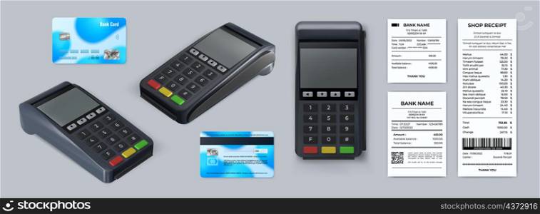 Realistic 3d pos machine top view, credit cards and receipt. Cashless payment terminal. Card reader device printing paper bills vector set. Illustration of checkout nfc, finance paying processing. Realistic 3d pos machine top view, credit cards and receipt. Cashless payment terminal. Card reader device printing paper bills vector set
