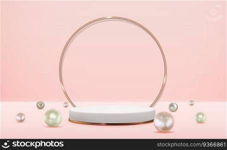 Realistic 3d rearl pedestal with golden glass ring frame over pink pastel natural background. Trendy empty podium display for cosmetic product presentation, fashion magazine. Copy space vector illustration. Realistic 3d rearl pedestal with golden glass ring frame over pink pastel natural background. Trendy empty podium display for cosmetic product presentation, fashion magazine. Copy space vector illustration EPS10