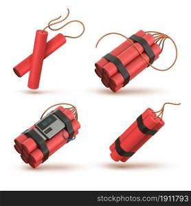Realistic 3d red dynamite bomb with electronic timer detonator. Tnt sticks with wick. Explosive weapon, pyrotechnic, firecrackers vector set. Countdown clock with fuses ready to detonate. Realistic 3d red dynamite bomb with electronic timer detonator. Tnt sticks with wick. Explosive weapon, pyrotechnic, firecrackers vector set