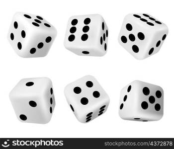 Realistic 3d rolling dice for casino gambling games. White cubes with dots. Falling poker die for random choice in craps. Dice vector set. Illustration of gambling casino dice. Realistic 3d rolling dice for casino gambling games. White cubes with dots. Falling poker die for random choice in craps. Dice vector set