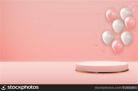 Realistic 3D Rose gold pedestal over pink pastel natural background with party balloons. Trendy empty podium display for cosmetic product presentation, fashion magazine. Copy space vector illustration. Realistic 3D Rose gold pedestal over pink pastel natural background with party balloons. Trendy empty podium display for cosmetic product presentation, fashion magazine. Copy space vector illustration EPS10