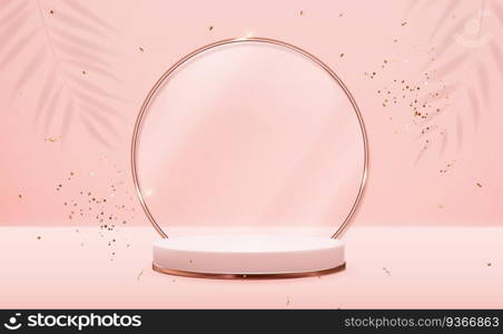 Realistic 3d Rose gold pedestal with golden glass ring frame over pink pastel natural background. Trendy empty podium display for cosmetic product presentation, fashion magazine. Copy space vector illustration