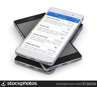Realistic 3d smartphone stack with news application on screen isolated on white background vector illustration