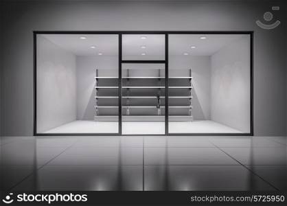 Realistic 3d store interior with empty shelves in spotlights inside background vector illustration