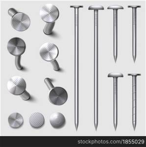 Realistic 3d straight and bent metal nails in wall. Hammered steel and iron curved nail pins and heads top view. Metallic hardware vector set. Industrial equipment or tool for fixing or repairing