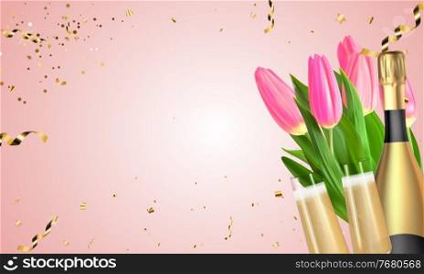 Realistic 3D Tulips, champagne Golden Bottle and Glasses on Pink background. Vector Illustration EPS10. Realistic 3D Tulips, champagne Golden Bottle and Glasses on Pink background. Vector Illustration