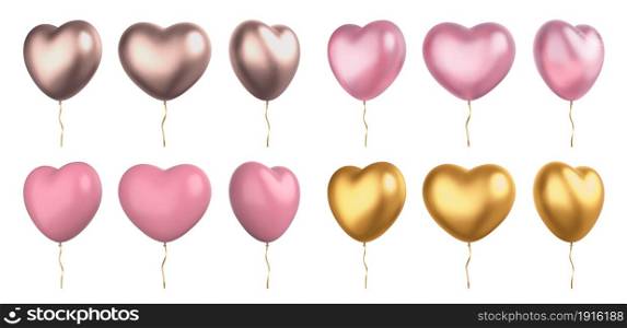 Realistic 3d valentine pink and golden heart shaped balloons. Love symbol wedding decoration with ribbons. Valentines day hearts vector set. Engagement, birthday or anniversary celebration decor. Realistic 3d valentine pink and golden heart shaped balloons. Love symbol wedding decoration with ribbons. Valentines day hearts vector set