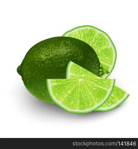 Realistic 3d Vector Illustration of sliced green lime fruit. Colourful citrus. Good for packaging design and ad. EPS 10.