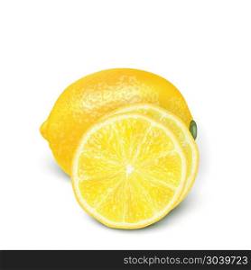 Realistic 3d Vector Illustration of sliced yellow lemon fruit. C. Realistic 3d Vector Illustration of sliced yellow lemon fruit. Colourful citrus. Good for packaging design and ad. EPS 10.