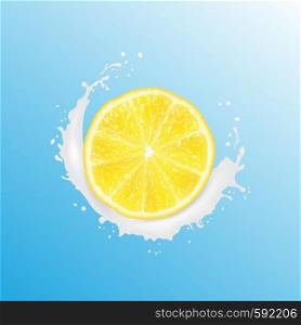 Realistic 3d Vector Illustration. Sliced lemon. Milk juice splash. Colourful citrus background. EPS 10.