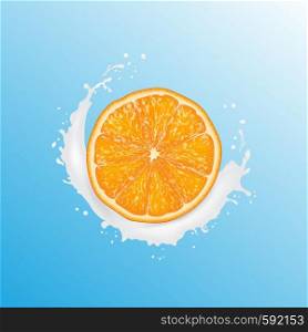 Realistic 3d Vector Illustration. Sliced orange. Milk juice splash. Colourful citrus background. EPS 10.