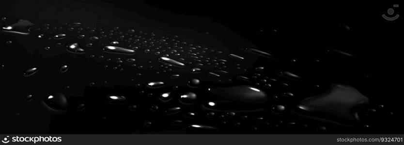 Realistic 3D water drops on black surface. Vector illustration of rain droplets, morning dew, aqua spray spots sprinkled on car hood or glass backdrop. Wet texture, light reflection in liquid blobs. Realistic 3D water drops on black surface