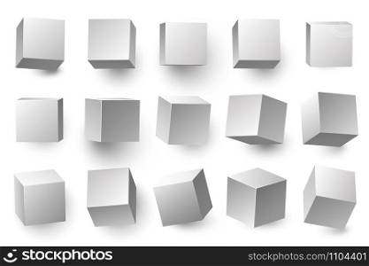 Realistic 3D white cubes. Minimal cube shape with different perspective, geometric box shapes. Medical packing, gift wrapping boxes or cube container. Isolated vector illustration symbols set. Realistic 3D white cubes. Minimal cube shape with different perspective, geometric box shapes vector illustration set