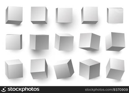 Realistic 3D white cubes. Minimal cube shape with different perspective, geometric box shapes. Medical packing, gift wrapping boxes or cube container. Isolated vector illustration symbols set. Realistic 3D white cubes. Minimal cube shape with different perspective, geometric box shapes vector illustration set