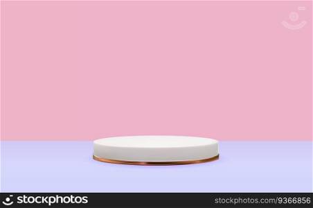 Realistic 3d white pedestal with gold ring over pink background. Trendy empty podium display for cosmetic product presentation, fashion magazine. Copy space vector illustration EPS10. Realistic 3d white pedestal with gold ring over pink background. Trendy empty podium display for cosmetic product presentation, fashion magazine. Copy space vector illustration