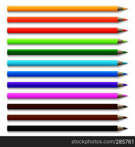 Realistic 3d wooden colored pencils isolated on white vector illustration. Set of pencil colorful for school. Realistic 3d wooden colored pencils isolated on white vector illustration