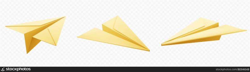 Realistic 3d yellow paper plane isolated vector. Origami airplane model flying icon on transparent background. Send email letter concept. Symbol success in business. Sent message illustration. Realistic 3d yellow paper plane isolated vector