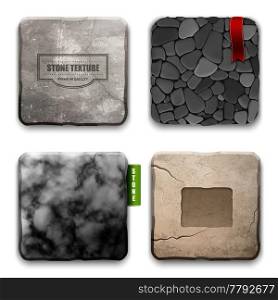 Realistic 4 square stone texture types samples set for interior and exterior walls decoration isolated vector illustration . Realistic Stone Texture Design Concept