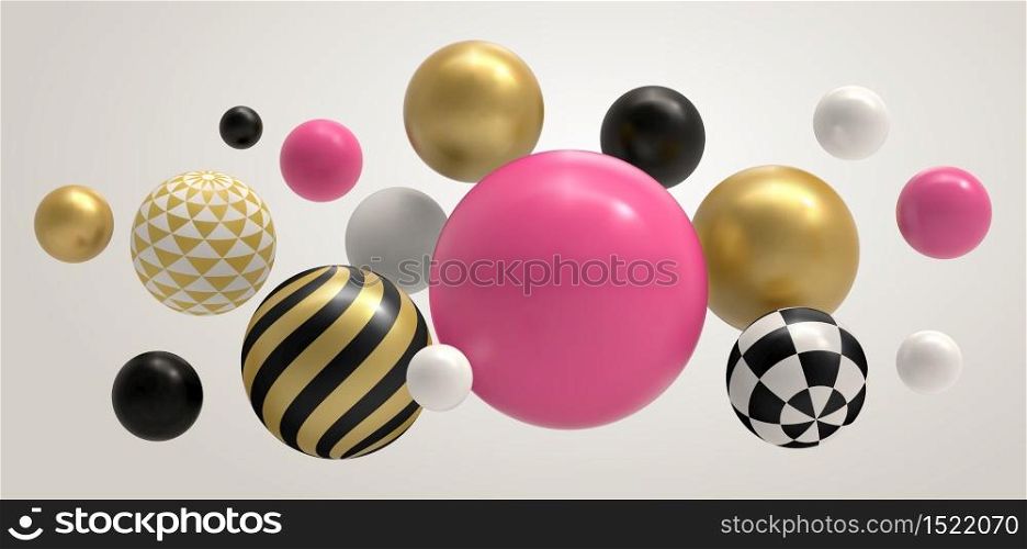 Realistic abstract 3D ball. Geometric memphis composition, geometrical basic sphere colored concept vector background illustration. Sphere ball and bubble color multicolored pattern ball. Realistic abstract 3D ball. Geometric memphis composition, geometrical basic sphere colored concept vector background illustration
