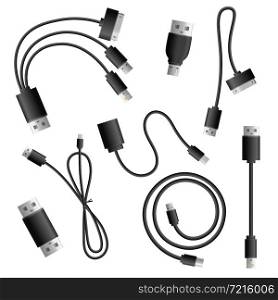 Realistic adapter cable connectors types collection of isolated data exchange and multimedia adapter computer cable images vector illustration. Realistic Adapter Cables Set