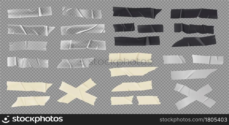 Realistic adhesive tape, paper masking strips, transparent stickers. Black sticky duct tapes with torn edges, crumpled scotch pieces vector set. Transparent, gray and beige sticky patch. Realistic adhesive tape, paper masking strips, transparent stickers. Black sticky duct tapes with torn edges, crumpled scotch pieces vector set