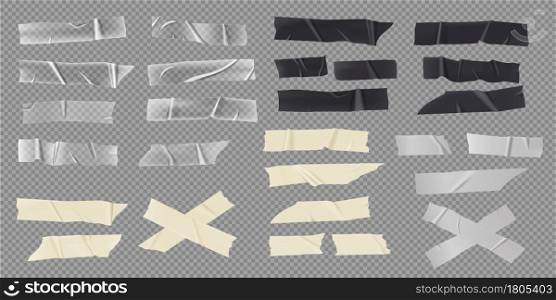 Realistic adhesive tape, paper masking strips, transparent stickers. Black sticky duct tapes with torn edges, crumpled scotch pieces vector set. Transparent, gray and beige sticky patch. Realistic adhesive tape, paper masking strips, transparent stickers. Black sticky duct tapes with torn edges, crumpled scotch pieces vector set