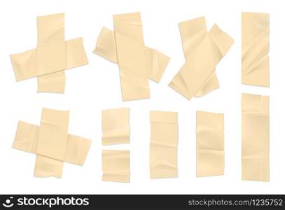 Realistic adhesive tape. Strips of old paper scotch wit ripped edges, sticky piece sellotape. Vector illustration set decorative of duct tape isolated on white background. Realistic adhesive tape. Strips of old paper scotch wit ripped edges, sticky sellotape. Vector set of duct tape isolated on white background