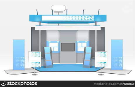 Realistic Advertising Exhibit Booth Composition. Exhibition advertising stand design with realistic tridimensional stall tv set and exhibit rack with promotional materials vector illustration
