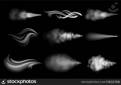 Realistic air blow. Wind flow and dust spray effect. Curve shapes of steam blast. Fog and smoke haze. White vapor or gas mockup. Isolated puff sprayer trails. Vector transparent fume templates set. Realistic air blow. Wind flow and dust spray effect. Curve shapes of steam blast. Fog and smoke haze. White vapor or gas. Puff sprayer trails. Vector transparent fume templates set