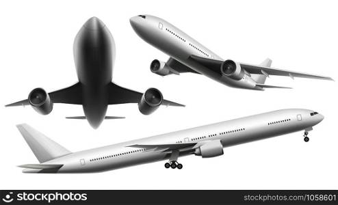 Realistic aircraft. Passenger plane, sky flying aeroplane and airplane in different views. 3d planes transport or landing airliner aerial isolated icons vector illustration. Realistic aircraft. Passenger plane, sky flying aeroplane and airplane in different views isolated vector illustration