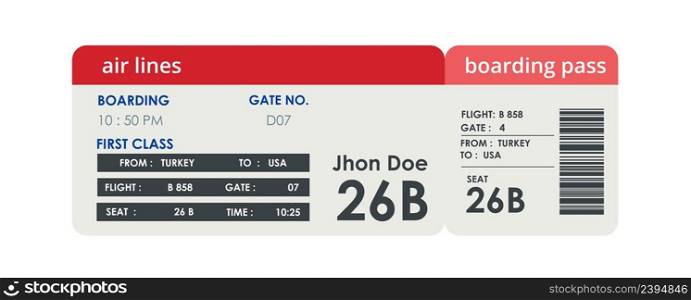 Realistic airline ticket design with passenger name. Isolated on white. Vector illustration. Realistic airline ticket design with passenger name. Isolated on white.