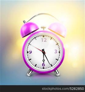 Realistic Alarm Clock Background. Realistic alarm clock background with purple clock and sunlight looks like morning day vector illustration