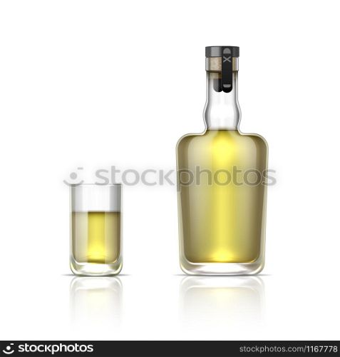 Realistic alcohol bottle. 3D glass shot with tequila or golden rum, alcohol beverage mockup. Vector illustrations whiskey bottle with cork isolated on white background. Realistic alcohol bottle. 3D glass shot with tequila or golden rum, alcohol beverage mockup. Vector whiskey bottle isolated on white