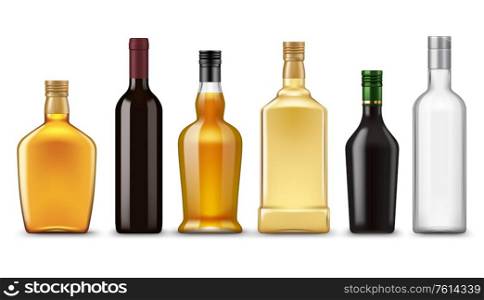 Realistic alcohol drink bottles, vector mockups. Glass bottles of wine, vodka, whiskey, gin and brandy, liqueur, cognac, scotch, bourbon and rum alcoholic beverages on white background. Alcohol drink glass bottle realistic mockups