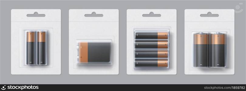 Realistic alkaline battery size packages mockup design. Black and gold metallic electric batteries in transparent packs vector template set. Accumulators in blister packed for branding
