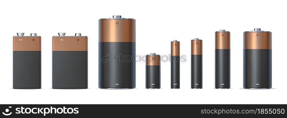 Realistic alkaline battery sizes aa, aaa and d. Batteries types. Chemical electric power source in metal cylinder. 3d charge icon vector set. Disposable different electrical accumulators