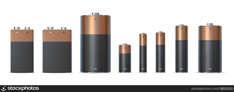 Realistic alkaline battery sizes aa, aaa and d. Batteries types. Chemical electric power source in metal cylinder. 3d charge icon vector set. Disposable different electrical accumulators