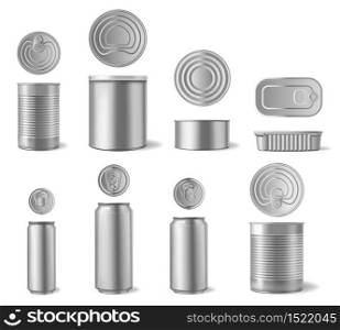 Realistic aluminium can. Beverages and canned food cans, metal packaging different shapes front and top view 3D vector set. Beverage beer container, aluminium mockup illustration. Realistic aluminium can. Beverages and canned food cans, metal packaging different shapes front and top view 3D vector set
