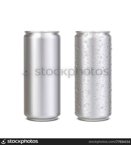 Realistic aluminium can with water drops, silver energy drink beer, soda, lemonade, coffee can mockup. Isolated vector blank 3d tin jars front view, cylinder metal beverage canisters with drops. Realistic aluminium can with water drops, jars