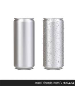 Realistic aluminium can with water drops, silver energy drink beer, soda, lemonade, coffee can mockup. Isolated vector blank 3d tin jars front view, cylinder metal beverage canisters with drops. Realistic aluminium can with water drops, jars