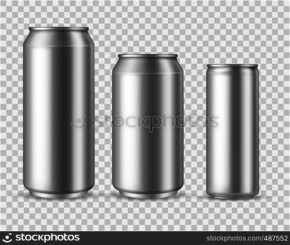 Realistic aluminum cans. Blank metallic can drink beer soda water juice packaging 300 330 500 empty mock up aluminium container vector template. Realistic aluminum cans. Blank metallic can drink beer soda water juice packaging 300 330 500 empty mock up container vector template