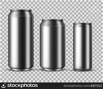 Realistic aluminum cans. Blank metallic can drink beer soda water juice packaging 300 330 500 empty mock up aluminium container vector template. Realistic aluminum cans. Blank metallic can drink beer soda water juice packaging 300 330 500 empty mock up container vector template