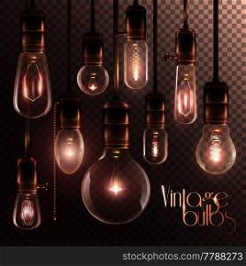 Realistic and colored vintage glowing light bulbs transparent set with included lamps in loft style vector illustration. Vintage Glowing Light Bulbs Transparent Set