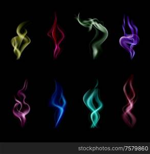 Realistic and isolated smoke colorful icon set with different colors abstract and magical vector illustration