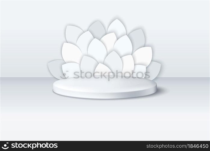 Realistic and simple podium mock-up. 3D round stand. Composition from abstract petals on the background. Vector template. Realistic and simple podium mock-up. 3D round stand. Composition from abstract petals on the background. Vector graphics