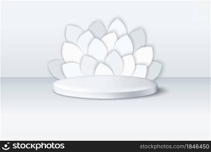 Realistic and simple podium mock-up. 3D round stand. Composition from abstract petals on the background. Vector template. Realistic and simple podium mock-up. 3D round stand. Composition from abstract petals on the background. Vector graphics