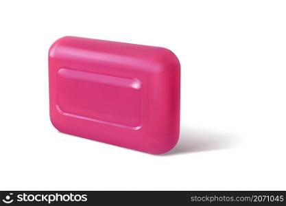 Realistic antibacterial soap bar for hand hygiene. 3D bright pink square form cosmetic cleanser, body skin care bathroom scented product, natural spa toiletry vector isolated on white beauty detergent. Realistic antibacterial soap bar for hand hygiene. 3D bright pink square form cosmetic cleanser, body skin care bathroom scented product, natural spa toiletry vector isolated beauty detergent